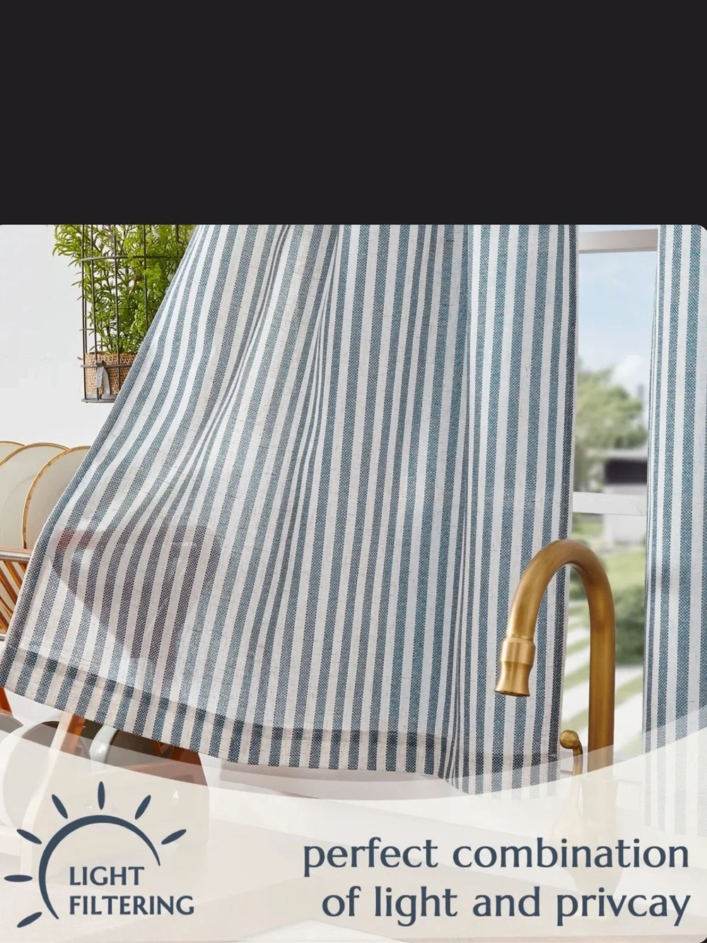 NWT Linen Blend Curtains 36” Beige Blue Stripe Rod Pocket Window Treatment
